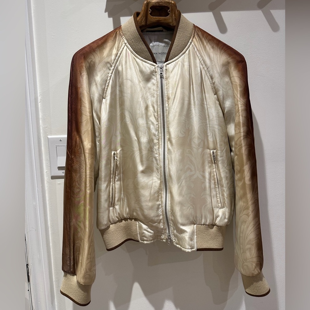 Dries Van Noten Cream and Brown Silk Bomber Jacket